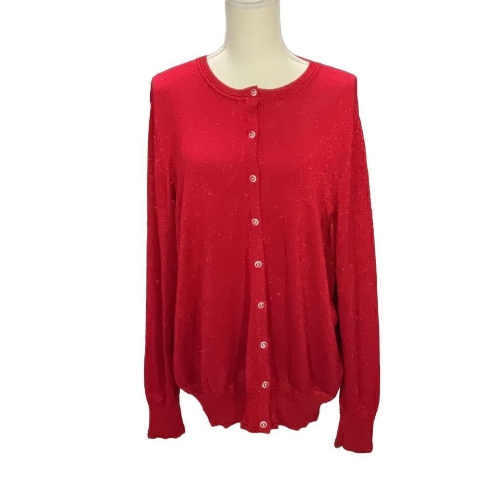 Carole Little Woman Red Metallic Sparkle Clear Button Down Cardigan Sweater 3X